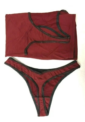 Conjunto pequeño de camisola y tanga de bambú One 2 One para mujer borgoña espalda cruzada Foto 1 de 4