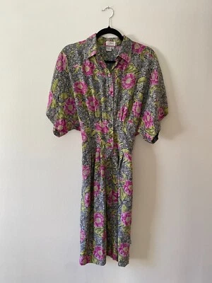 Винтажный 1980-х цветочный кнопка вверх рубашка платье 100% шелк женский ретро Trad размер 8 - Изображение 1 из 4