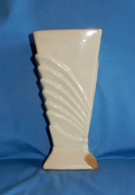 Vintage McCoy Pottery Art Deco 9" Square Ivory White Vase Fan Ribbed Design - Image 1 of 4