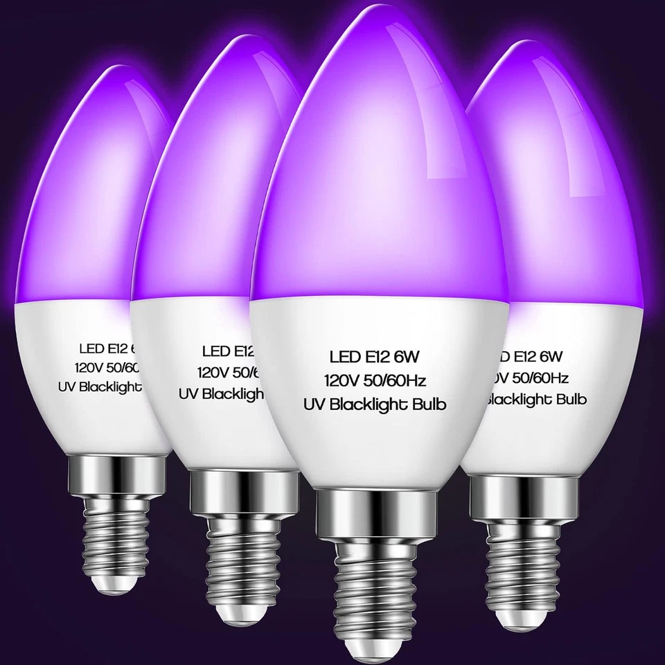 4 Pieces LED Black Light Bulb 6W E12 Base Blacklight Candle Bulb Glow in the Dar - Image 1 of 4