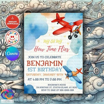EDITABLE Avión 1er Cumpleaños Fiesta Invitación, Tiempo Vuela 1er Cumpleaños Invitación Foto 1 de 4