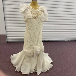 Vintage S/M Cream Plunge Lace Wedding Bridal Dress Cocktail Formal Union Made - Picture 1 of 11