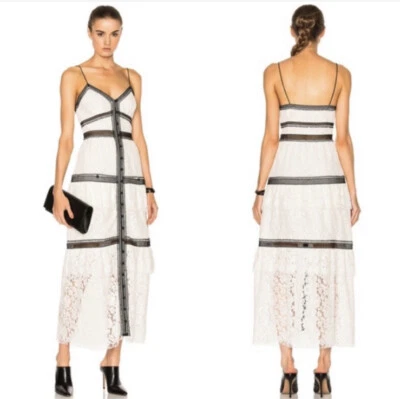 Vestido midi autorretrato con ribete de encaje en capas blanco negro talla 4 Foto 1 de 4