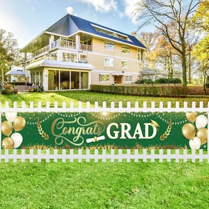 , Xtralarge Green and Gold Congrats Grad Banner - 120X20 Inch | Green and Gold C - Picture 1 of 12