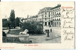 Norway Norge Oslo Christiania Kristiania - Carl Johans Gade Lion Statue postcard - Picture 1 of 4