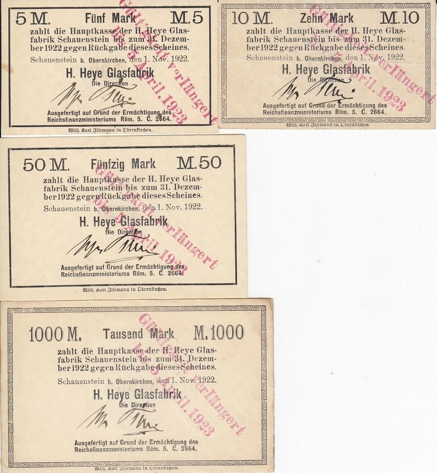 Schauenstein,   5, 10, 50, 100 Mark mit  roten V-Stempel  mit Druckfirma - Bild 1 von 1