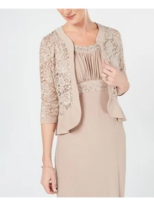 R&M RICHARDS Womens Beige Sequined 3/4 Sleeve Open Front Evening Cardigan 16 - Picture 1 of 4