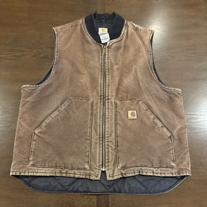 Vtg 90s Carhartt Vest VO2 DKB Distressed Leather Patch Dark Brown XL Regular USA - Picture 1 of 15