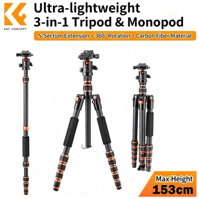 K&F Concept 60 in Carbon Fiber Camera Tripod Compact Travel Tripod for SLR DSLR - Image 1 of 4