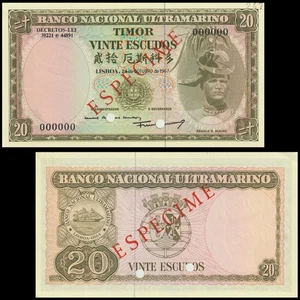 🇹🇱 Timor 20 Escudos 1967 SPECIMEN P 26 s Crisp UNC - Picture 1 of 5