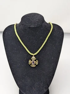 14 Karat Gelbgold Halskette mit Anhänger | Peridot, Amethyst, Tansanit an grünem Seil - Bild 1 von 12