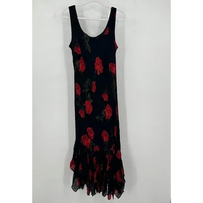 Eva Blue Womens Romantic Rose Dress Size 14 Black Red Beaded Ruffle Hem Evening - Image 1 of 4