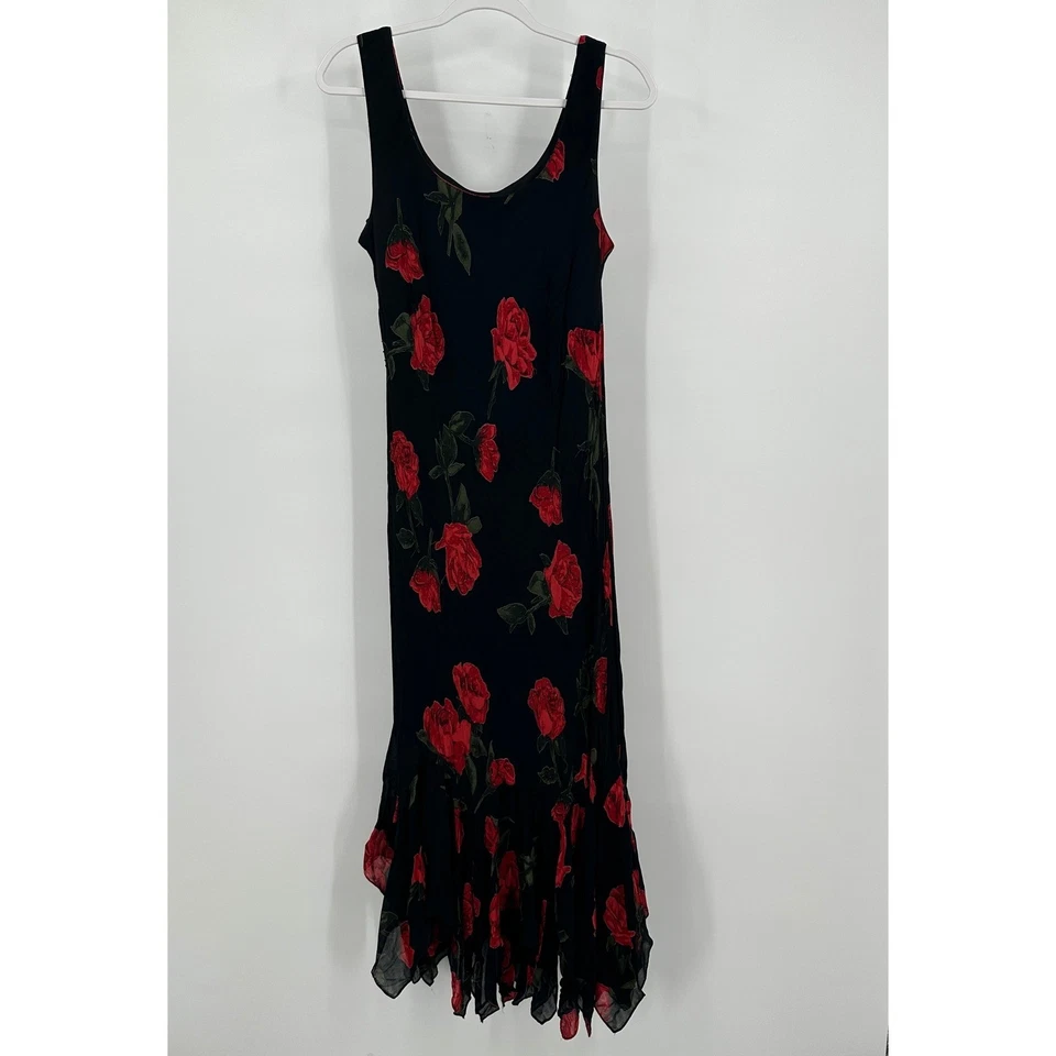 Eva Blue Womens Romantic Rose Dress Size 14 Black Red Beaded Ruffle Hem Evening - Image 1 of 4