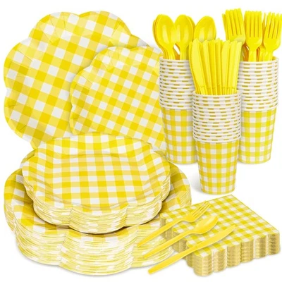 400 Pcs Gingham Party Supplies for 50 Guests Yellow and White Scalloped Paper... - Image 1 of 4