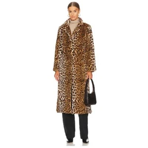 Adrienne Landau Revolve Faux Fur Coat Long Collared Animal 70s Leopard Brown S - Picture 1 of 6
