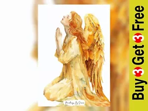 Serene Praying Angel, Watercolor Painting Print 5"x7" on Matte Paper - Picture 1 of 7