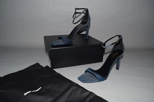 NIB YSL Saint Laurent BEA 90 Ankle Denim Jean Stiletto Strappy Sandals sz 40 - Picture 1 of 15