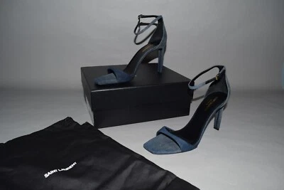 NUEVO EN CAJA YSL Saint Laurent BEA 90 Sandalias de mezclilla al tobillo con tiras de aguja talla 40 Foto 1 de 4