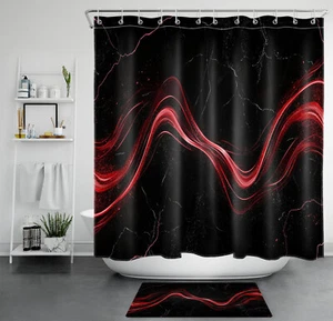 Red Abstract Striped Black White Marble Shower Curtain Set for Bathroom Decor - Picture 1 of 23