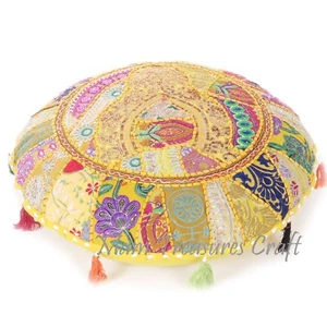 Yellow Round Patchwork Indian Floor Cushion Decorative Ethnic Cushion Cover Boho - Picture 1 of 7