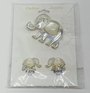 Vintage Faux Pearl Elephant Gold Tone Brooch Pin and Clip On Earrings - Picture 1 of 3