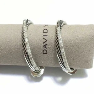 David Yurman Sterling Silver 31mm Medium Crossover Diamond Hoop Earrings - Picture 1 of 4