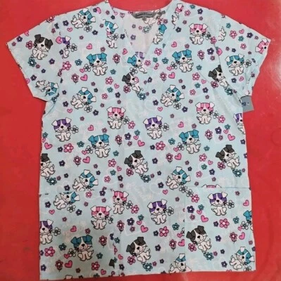 Sky Blue Puppy Dog Flower BFF Medical Uniform Scrubs Top Pockets Court all sizes - Image 1 of 4