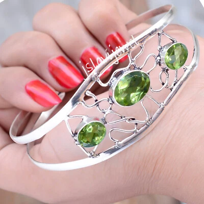 Faceted Peridot Gemstone 925 Sterling Silver Bracelet Cuff Best Person Gift - Image 1 of 4