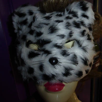 White with Black Spots Fake Fur Cat Women Mask  Mardi Gras Tie- on Halloween - Image 1 of 4