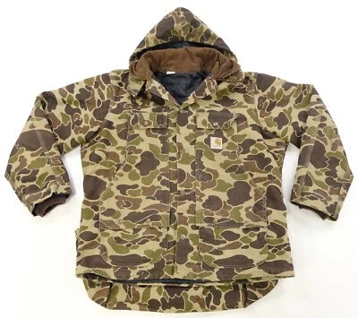 Rare VTG CARHARTT Corduroy Collar Duck Camouflage Denim Hunting Jacket 80s 90s L - Image 1 of 4