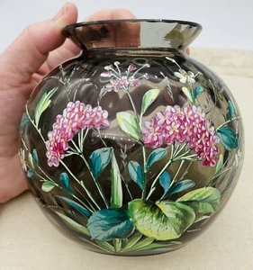 Antique ~ Enameled Floral Vase ~ Pink & Purple Flowers on Smokey Glass - Picture 1 of 10
