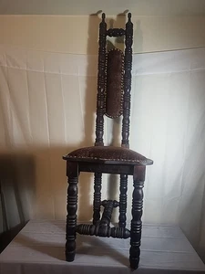 Antique Jacobean Spanish Hall Prayer Chair 48" Gothic All Original Brown - Picture 1 of 11