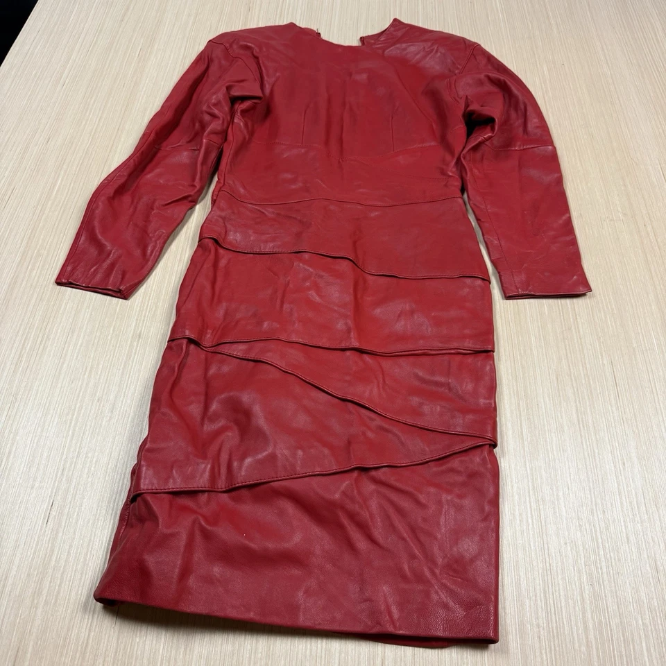 Vintage 80s Leather Dress Women 5/6 Red Lambskin Midi Sexy Sheath Event Luxury - Image 1 of 4