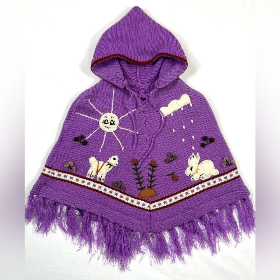 Poncho tejido con capucha para niñas 2T-4T púrpura bordado animales flecos caprichoso boho Foto 1 de 4
