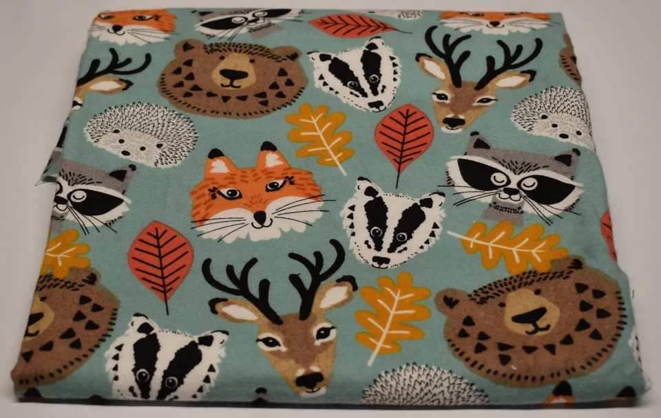 2 yards FLANNEL FABRIC woodland animals FOREST FRIENDS fox deer raccoon LEAVES - Image 1 of 3