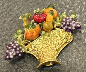 Vintage Enamel Fruit Basket Grapes Pumpkin Apples Gold Tone Brooch Pin - Picture 1 of 6