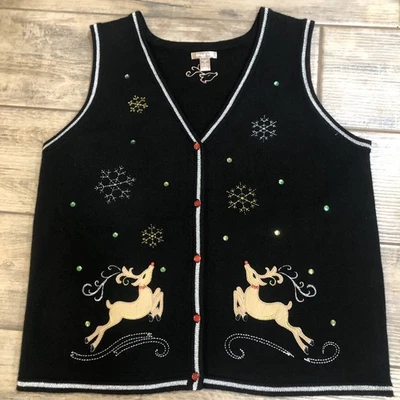 White Stag Ugly Christmas Sweater Vest XXL 2XL Women Reindeer Black Button Front - Image 1 of 4