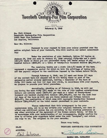 PHIL SILVERS - DOCUMENT SIGNED 02/09/1943 CO-SIGNED BY: HAROLD BOW Cover
