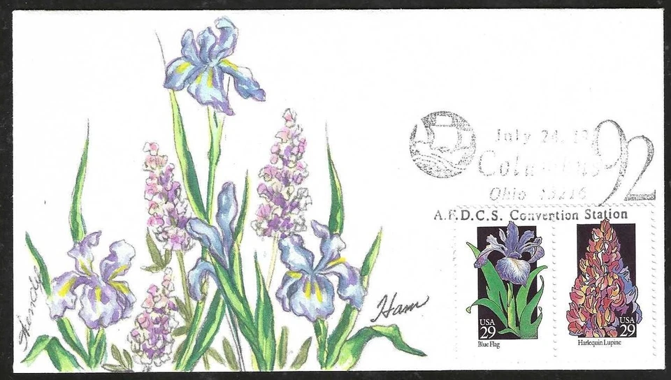 1992 Wildflowers FDC Blue Flag & Harlequin Lupine- HAND PAINTED by "HAM" - Image 1 of 1
