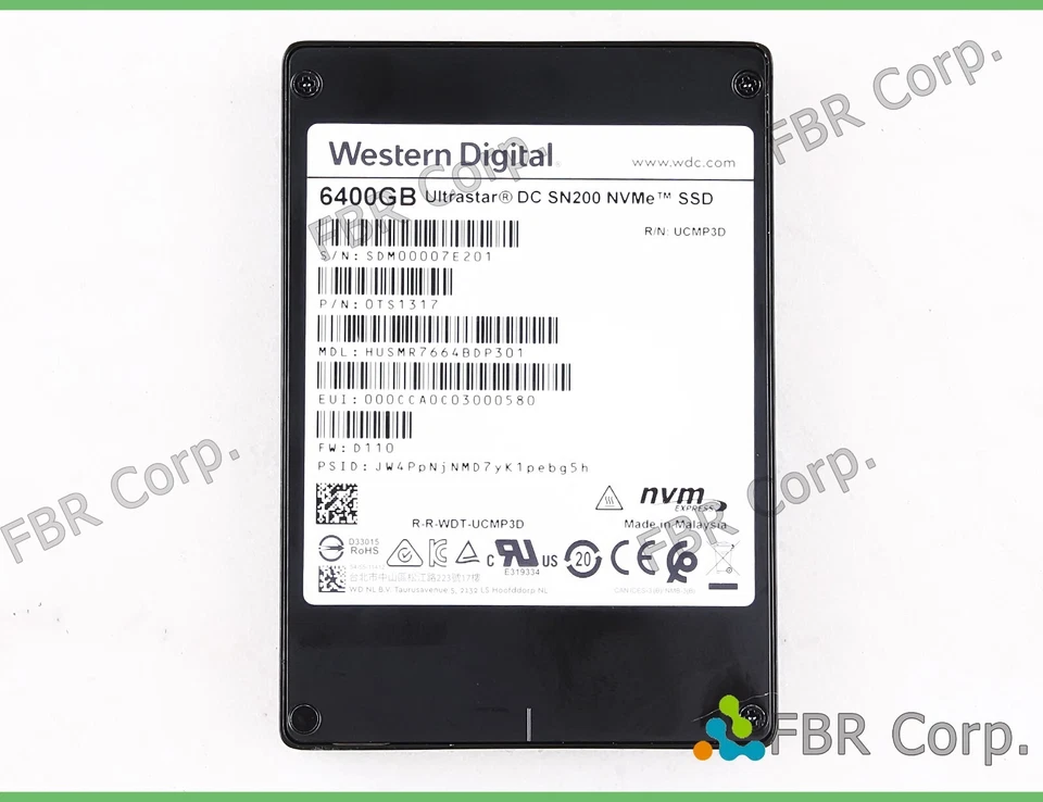 NEW 6.4TB Western Digital 0TS1317 Ultrastar SN200 PCIe NVMe HUSMR7664BDP301 SSD - Image 1 of 1