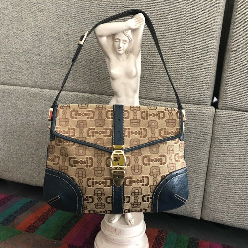 iconica borsa a tracolla GUCCI Horsebit tela con manico in pelle blu e finiture