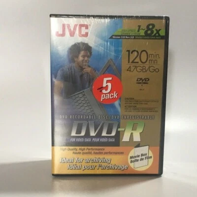 JVC Blank Recordable DVD-R 5 Pack 4.7 GB 1~8x 120 minutes Sealed in Tall Cases - Image 1 of 3