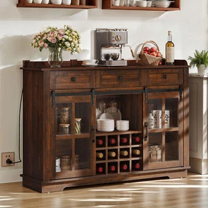 53" Farmhouse Sideboard Buffet Storage Cabinet Coffee Bar w/ Wine Rack Drawers - Picture 1 of 10
