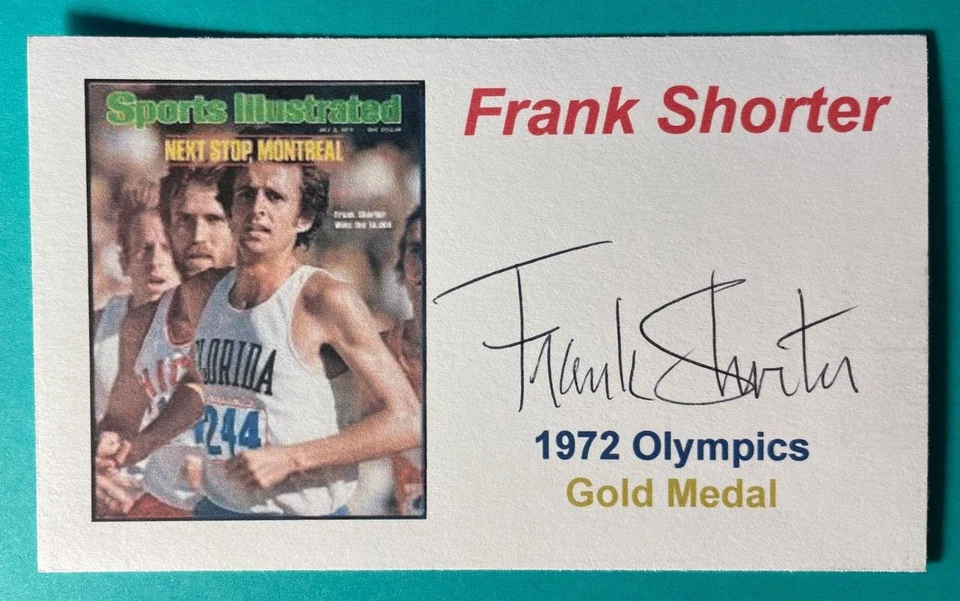 SIGNED FRANK SHORTER 3"X5" INDEX CARD - GOLD MEDAL 1972 OLYMPICS - MARATHON - Image 1 of 1