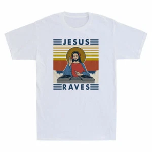 Funny Tee Raves T Vintage Sleeve Jesus Retro DJ Men's Gift Shirt Short Cotton - Picture 1 of 7