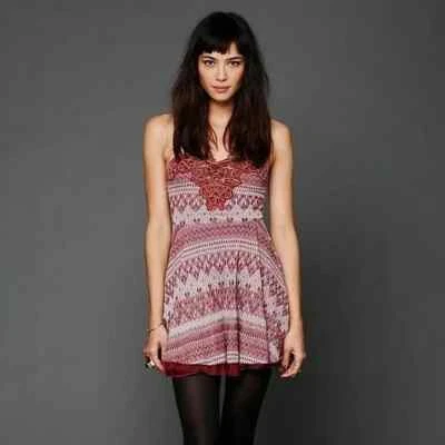 FREE PEOPLE Red White Beaded Sleeveless Strapless Stretch Dress Size XS - Image 1 of 4