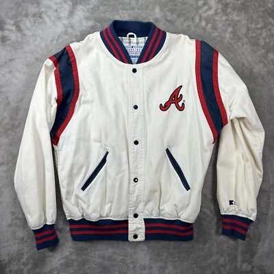 Chaqueta Bomber De Colección Años 90 STARTER Atlanta Braves MLB Blanca Roja Mediana Grande Logo Rara Foto 1 de 4