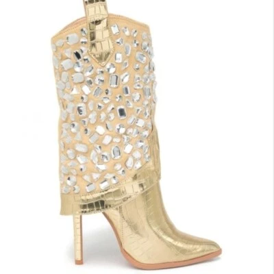 NEW! LAUREN LORRAINE Hana Mettalic Gold Embellished Stiletto Heel Cowboy Boots 6 - Image 1 of 4