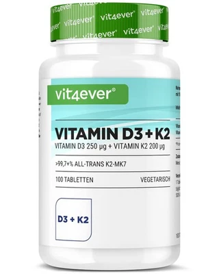 Vitamina D3 10.000 UI + Vitamina K2 200mcg 100 compresse MK7 Menachinone-7 UI IU - Immagine 1 di 4