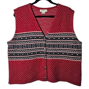 VTG Eddie Bauer XL Lambswool Fair Isle Sweater Vest Red Winter Holiday Cabin - Picture 1 of 8